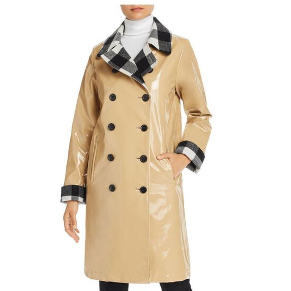 JANE POST BEIGE DOUBLE BREASTED BUFFALO TRIM RAIN SLICKER COAT RAINCOAT JACKET M
